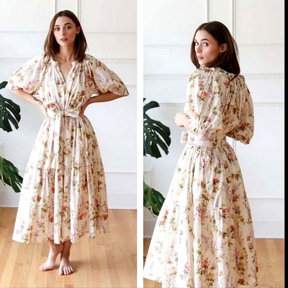 Mille Resort & Travel Floral Puff Sleeve Zoe Trianon Midi Dress Cottagecore MD - Picture 4 of 14